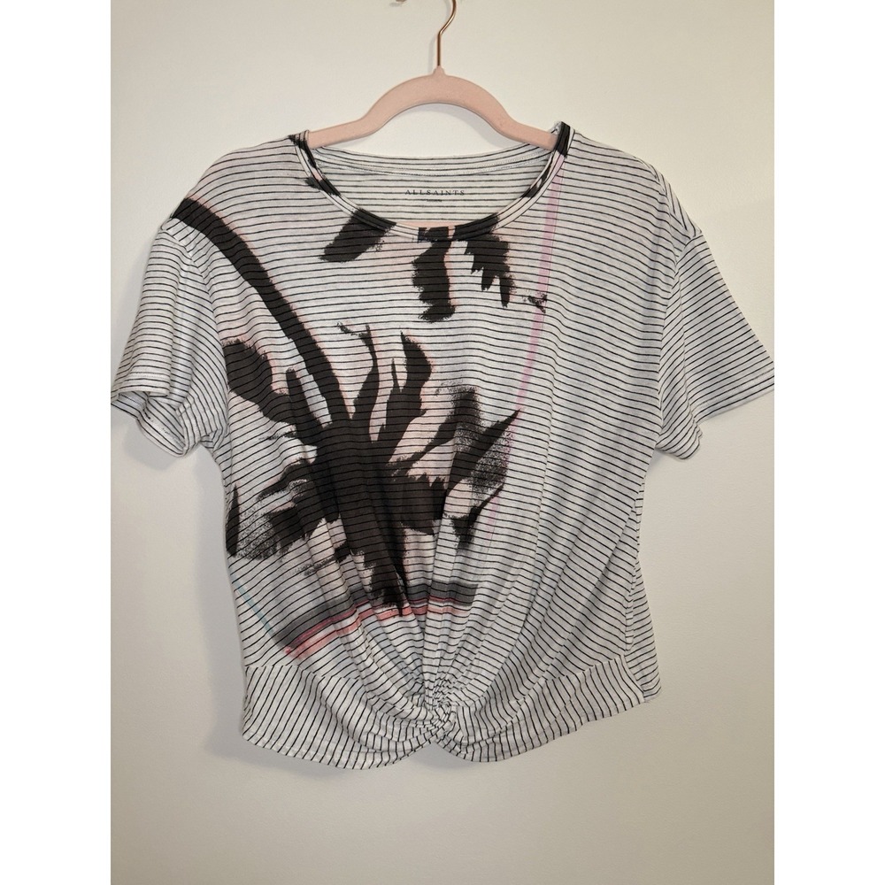 AllSaints Bahia Carme Twist Front Palm Tree Striped Graphic Tee M